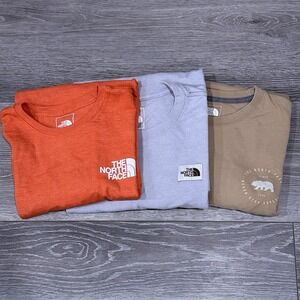 North Face Mens L T-Shirt Lot 3 Orange Gray Tan Bear Gfx Cotton 3pc Tees SS Read